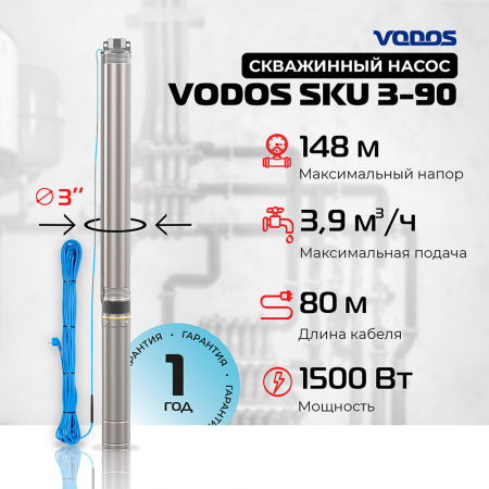 Скважинный насос VODOS SKU 3-90 с кабелем 80м (1х230В,  1,5 кВт ,  1")