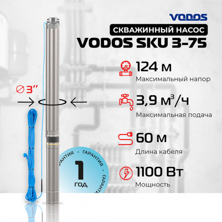 Скважинный насос VODOS SKU 3-75 с кабелем 60м (1х230В,  1,1 кВт ,  1")