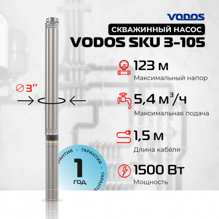 Скважинный насос VODOS SKU 3-105 с кабелем1.5м (1х230В,  1,5 кВт , 1")