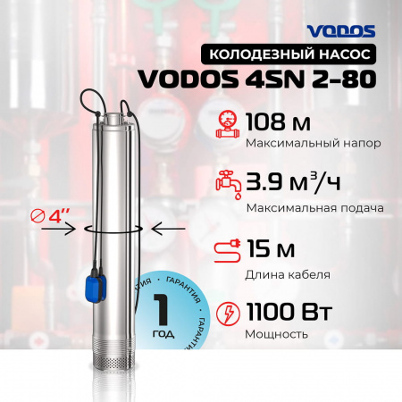 Насос колодезный VODOS 4SN 2-80А с кабелем 15м ( 1х230 В,  1.1кВт,  Rp 1")