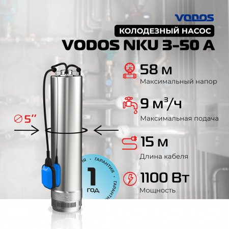 Насос колодезный VODOS NKU 3-50А с кабелем 15м ( 1х230 В,  1.1кВт, Rp 1 1/4")