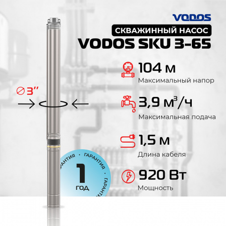 Скважинный насос VODOS SKU 3-65 с кабелем1.5м (1х230В,  0,92 кВт ,  1")